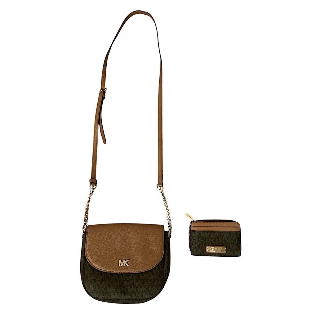 Michael Kors Tan Mott Logo Adjustable Buckle Magnet Crossbody and Zip Wallet